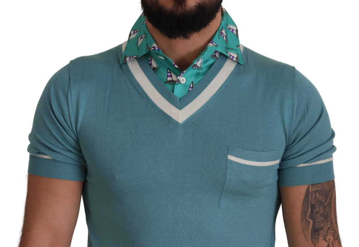 Dolce & Gabbana Blue Silk Polo Top Mens V-neck T-shirt