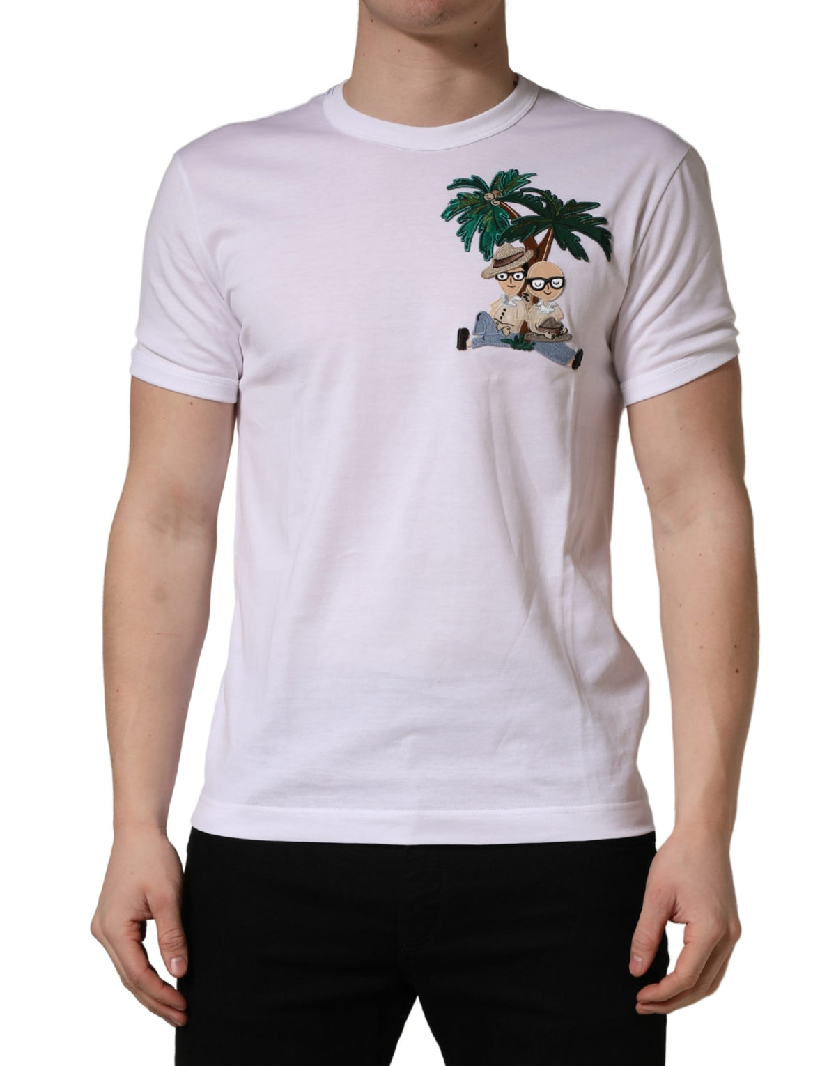 Dolce & Gabbana White Palm Embroidered Men Crew Neck T-shirt