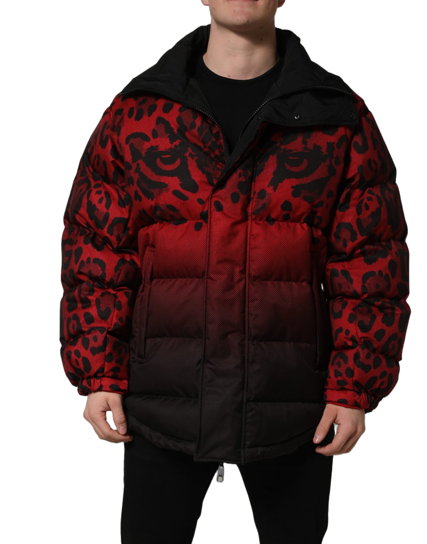 Dolce & Gabbana Red Black Reversible Animal Print Puffer Coat Jacket