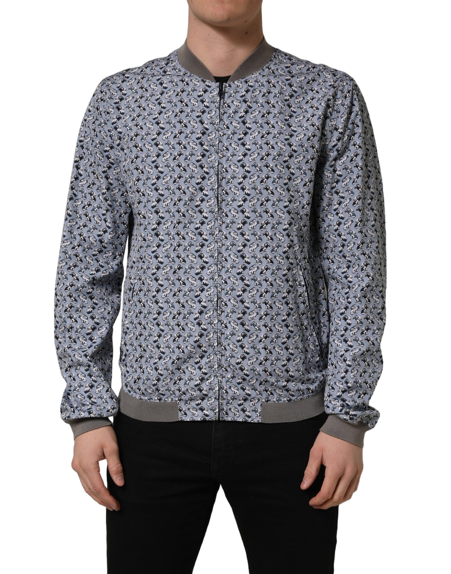 Dolce & Gabbana Light Blue Cotton Car Print Bomber Jacket