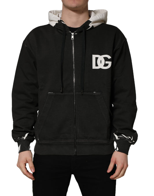 Dolce & Gabbana Schwarzer Kapuzenpullover aus Baumwolle mit Logo und durchgehendem Reißverschluss