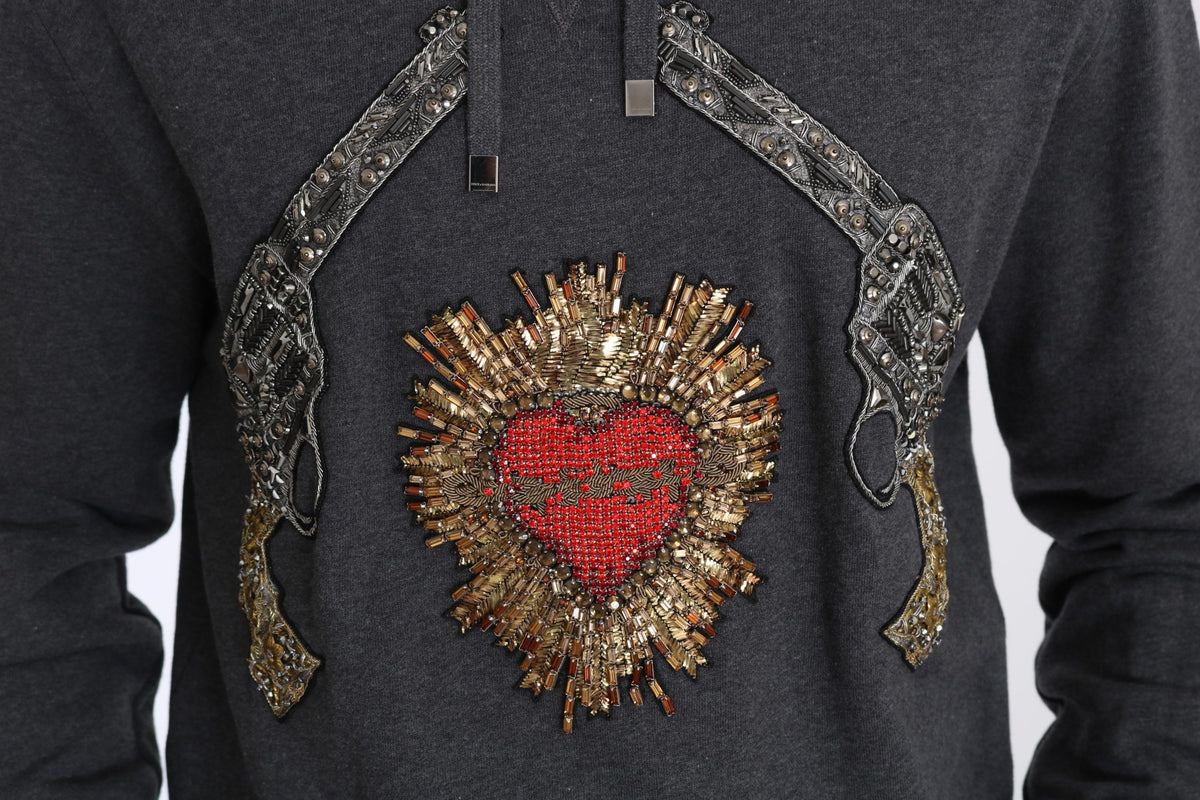 Dolce & Gabbana Gray Hooded Red Crystal Heart Gun Sweater