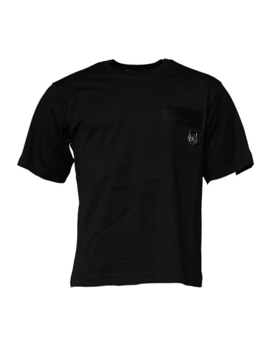 Dolce & Gabbana Nero T-shirt in Cotone con Logo Patch e Girocollo