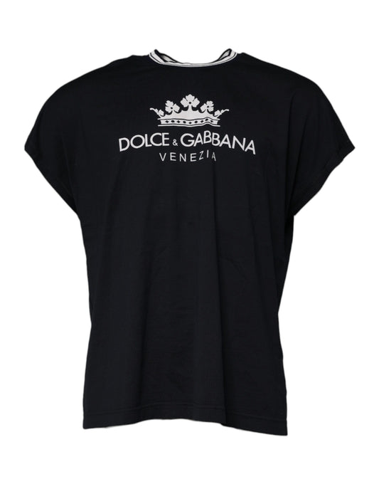 Dolce & Gabbana Donkerblauw Logo Crown Katoenen T-shirt met Ronde Hals