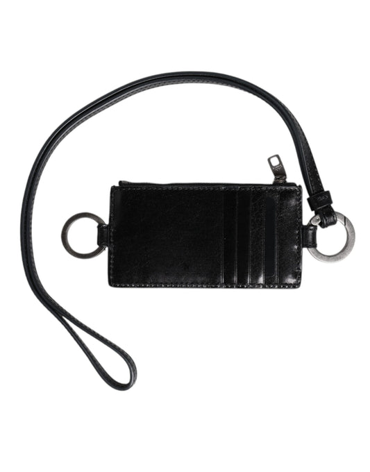 Dolce & Gabbana Schwarzer Leder-Schlüsselband-Kartenhalter mit Logo-Prägung