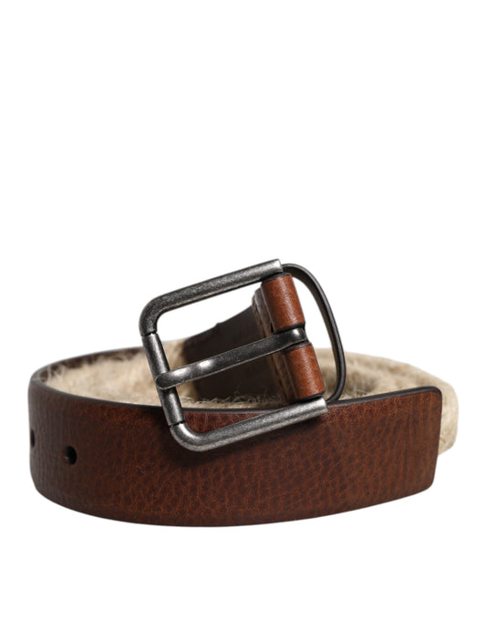 Dolce & Gabbana Brauner Gürtel aus Jute und Leder mit gewebter Metallschnalle