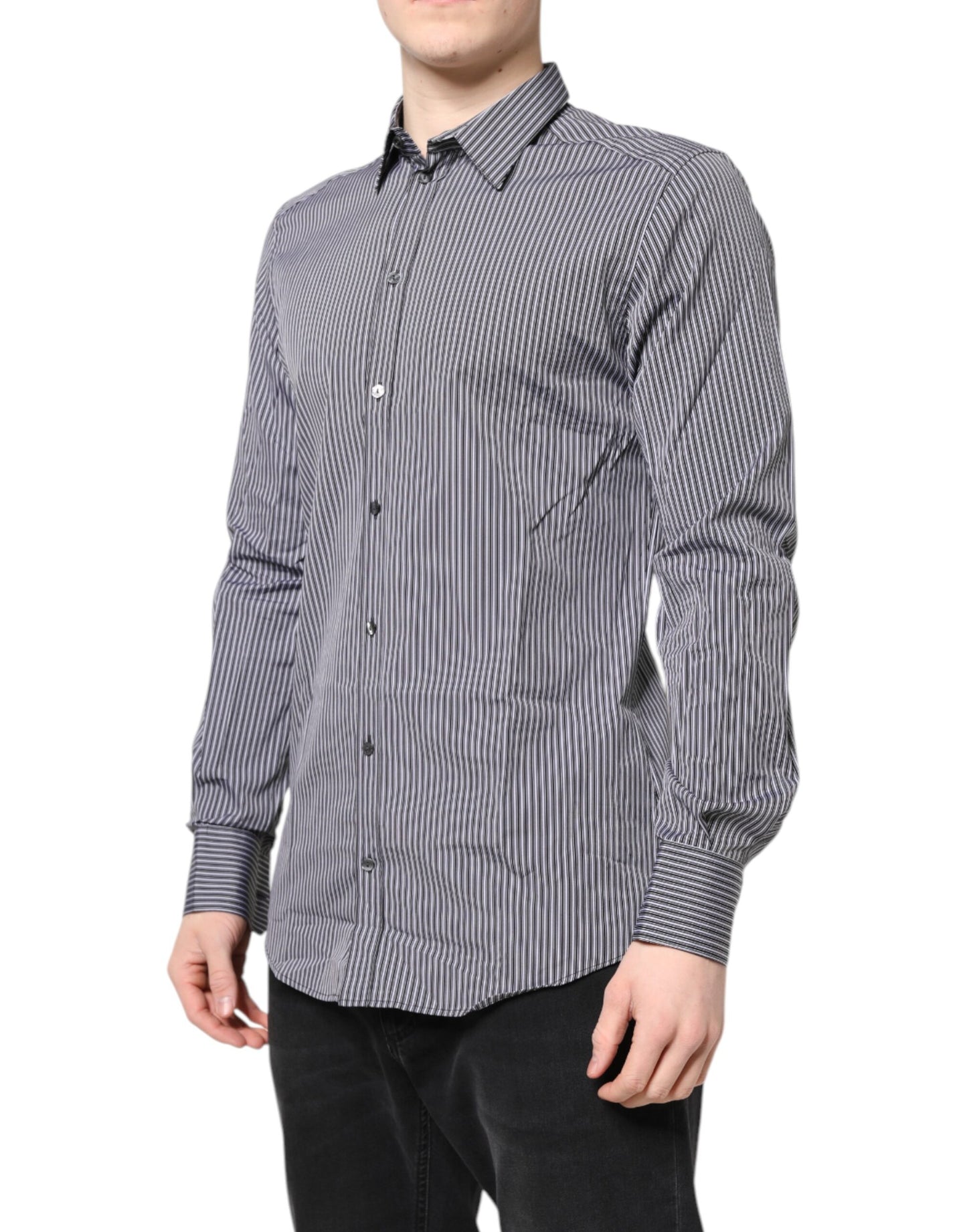 Dolce & Gabbana Black White Striped GOLD Formal Dress Shirt