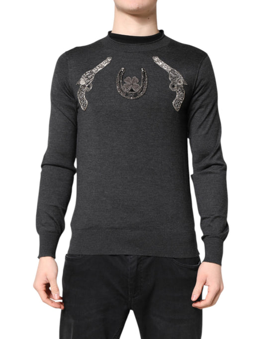 Dolce & Gabbana Gray Embroidery Knit Men Pullover Sweater