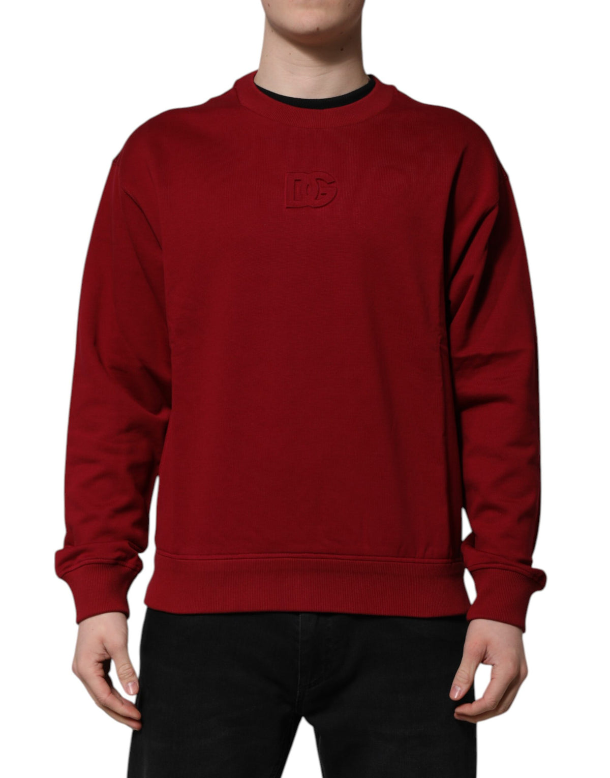 Dolce & Gabbana Maglione Girocollo in Cotone Rosso con Logo in Rilievo