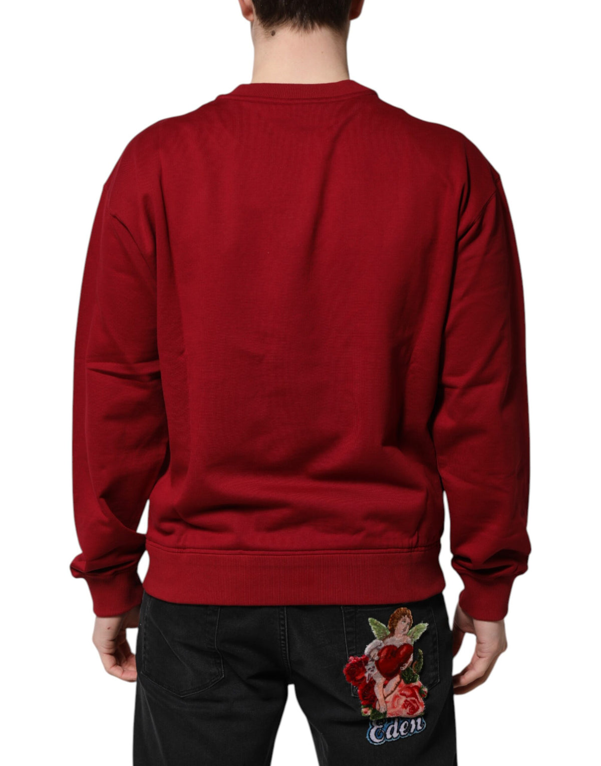 Dolce & Gabbana Maglione Girocollo in Cotone Rosso con Logo in Rilievo