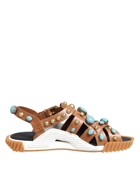 Dolce & Gabbana Brown Leather Studded Slides Sandals Shoes