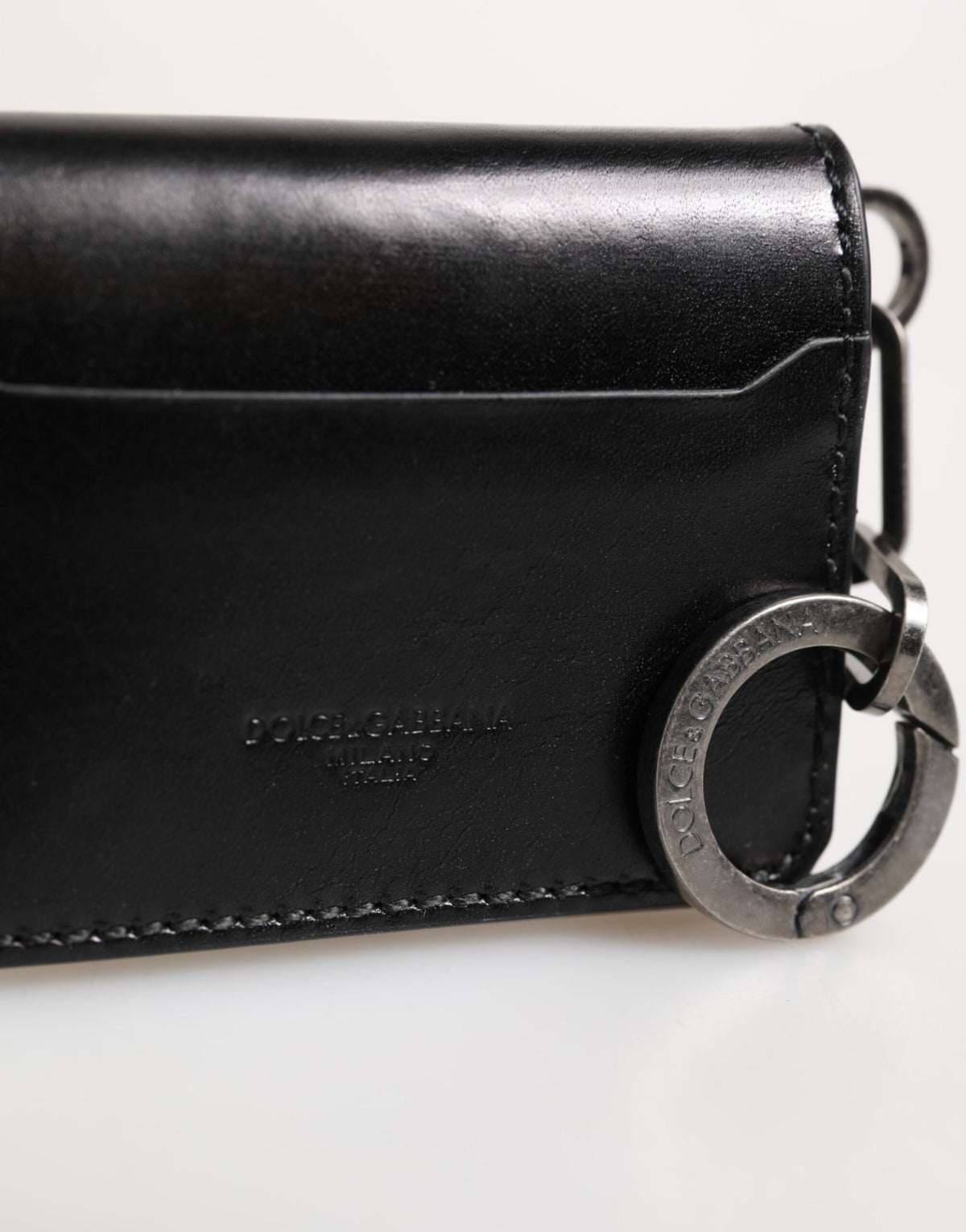 Dolce & Gabbana Portemonnee Zwart Lederen Logo Reliëf Sleutelhanger Kaarthouder Portemonnee