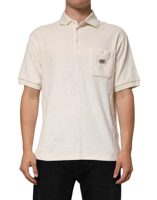 Dolce & Gabbana Elfenbeinfarbenes Frottee-Polo-T-Shirt mit Logo-Tasche