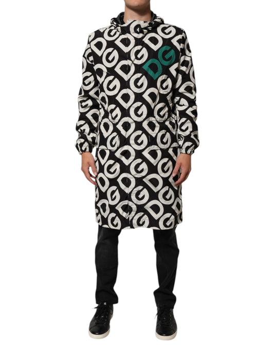 Dolce & Gabbana Schwarz-Weißer Logo-Print Kapuzenmantel Herrenjacke