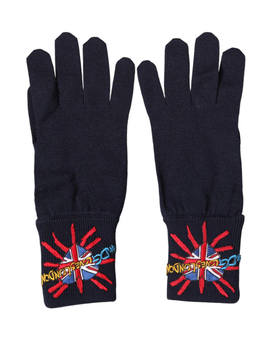 Dolce & Gabbana Blue Wool Knit #DGLovesLondon Embroidered Mitten Gloves