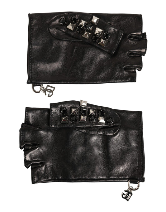 Dolce & Gabbana Black Leather Studded Fingerless Hand Mitten Men Gloves